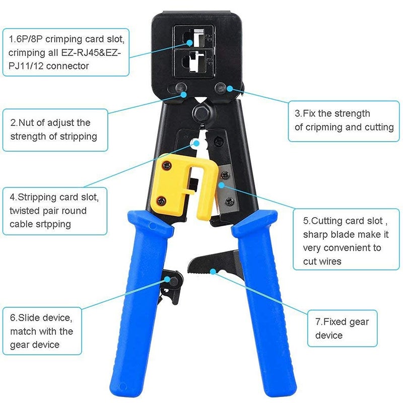 PETECHTOOL أداة تجعيد RJ45 لأداة تجعيد إيثرنت لـ Cat6 Cat5 Cat5e RJ45 تمر عبر الموصلات ونهايات RJ12 تأتي مع 20 قطعة موصلات RJ45 Cat6 وشفرة بديلة - Image 2